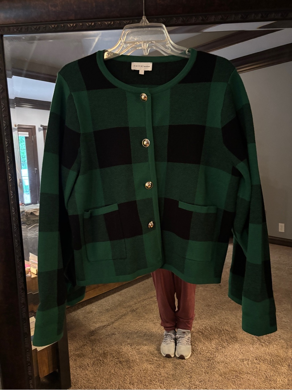 St. John Black & Green Buffalo Plaid Knit Cardigan
